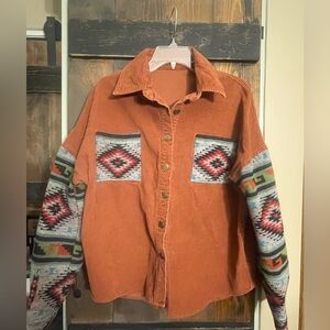 Rust Corduroy Jacket/shirt with Southwest Patterned Sleeves and pocket nwot